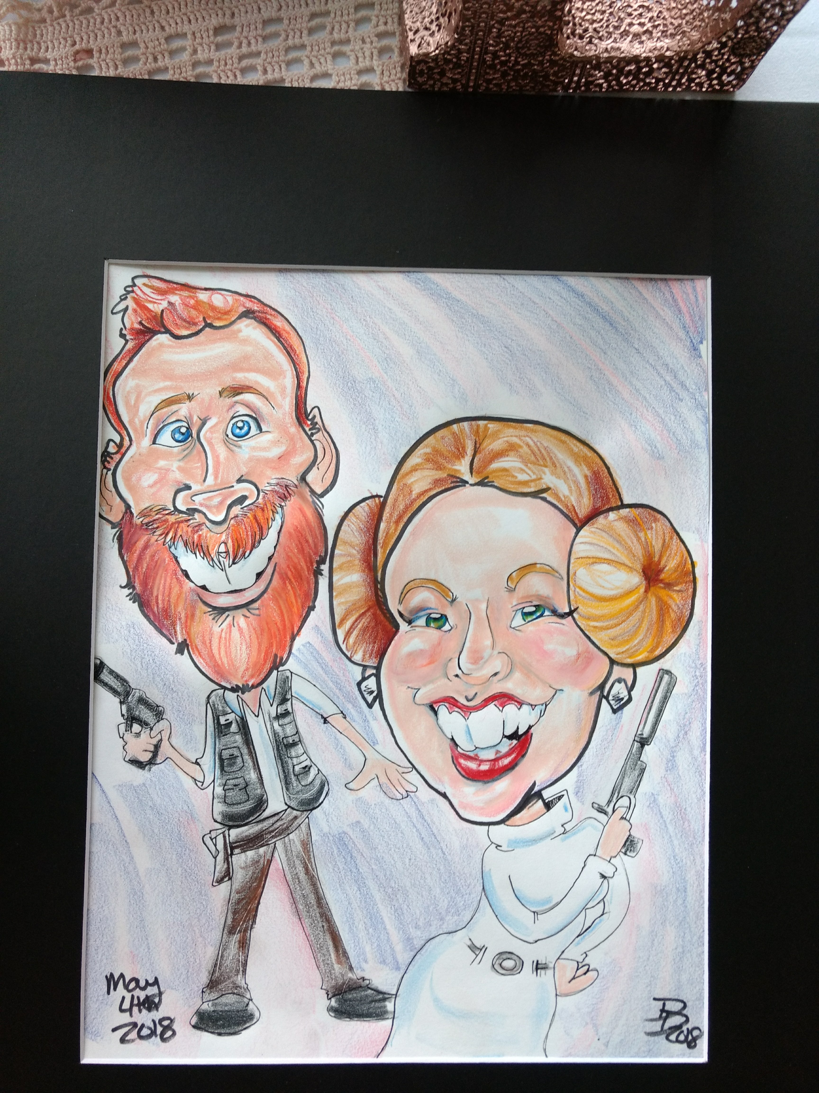 Smiling couple Star Wars caricature drawing